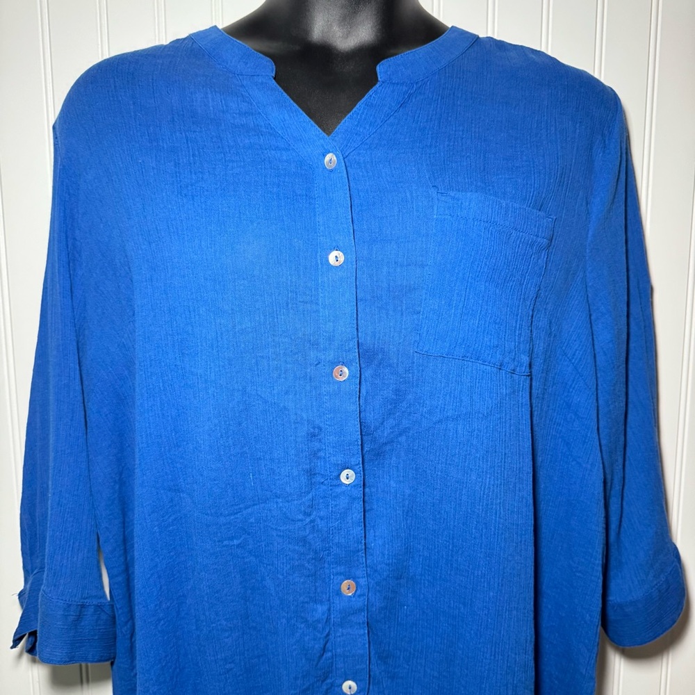 Catherine’s Blouse Women’s 2X Blue Gauzy Tunic Slits Roll Tab 3/4 Sleeves Casual - Picture 3 of 14